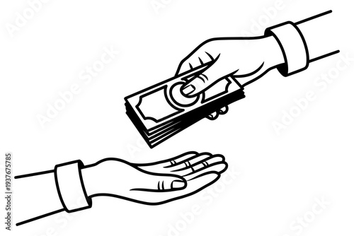 A hand giving money to another hand in a simple illustration style