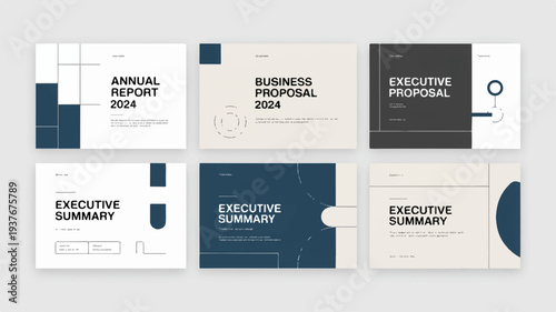 Business documents and executive proposal templates on a gray background including annual report business proposal and executive summary layouts in white blue and black colors