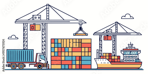 A cargo ship and truck loading containers at a port Vector