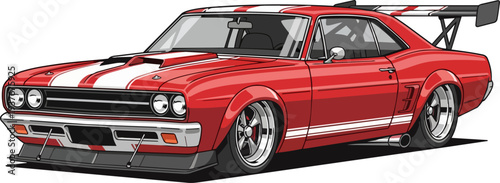 Vintage red muscle car with racing stripes and spoiler on a clean white background viewed from the front