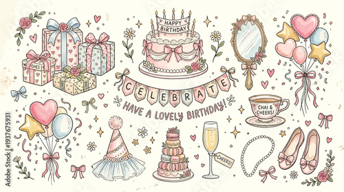 A charming collection of birthday celebration elements, including gifts, cake, balloons, and party accessories, rendered in a soft, vintage-inspired style.