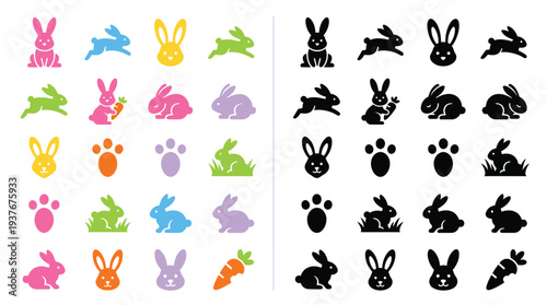 Collection of colorful and black and white bunny and carrot icons, including various poses and paw prints, suitable for Easter or spring themes.
