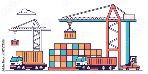 A cargo port with containers being loaded onto trucks Vector
