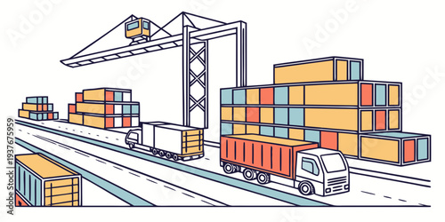 A truck is loading cargo containers at a port Vector