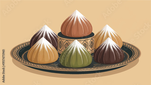 Colorful indian sweets on a decorative plate traditional dessert arrangement with assorted flavors