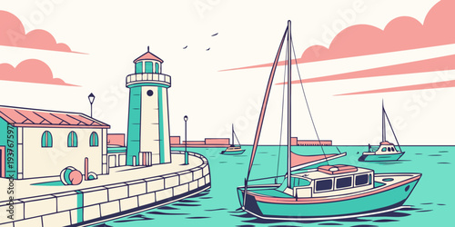 A small boat is docked near a lighthouse and building Vector