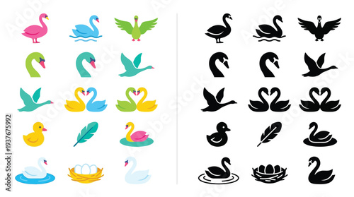 Collection of colorful and silhouette swan icons, including various poses, ducklings, and feathers, presented on a white background.