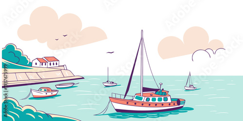 A colorful illustration of a boat on the water with buildings in the background Vector