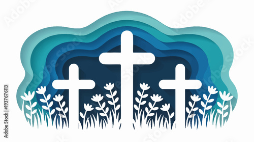 Three white crosses on a blue background with flowers symbolizing faith and spirituality in a serene landscape