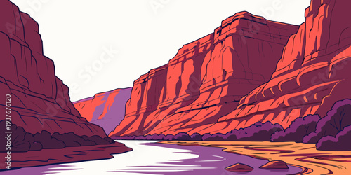 A pixelated image of a river between two large red mountains Vector
