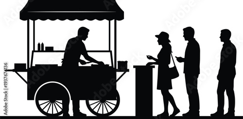 Street food cart vendor serving customers silhouette vector illustration, urban fast food stand concept with people waiting in line at market