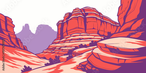 A pixelated image of a desert landscape with red rock formations Vector
