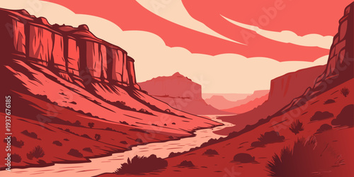 A pixelated canyon landscape with a river and red rock formations Vector