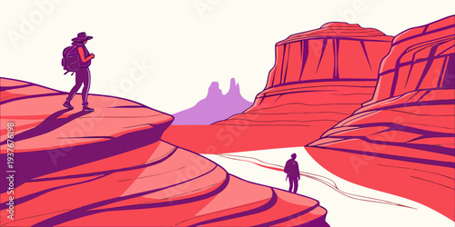 Hikers explore a desert canyon landscape Vector