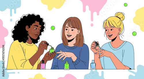 Diverse friends applying nail polish, friendship, beauty, fun, self-care, flat design illustration