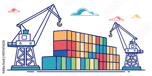 Container port with cranes and colorful boxes Vector