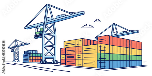 A colorful illustration of shipping containers and cranes Vector