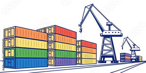A colorful illustration of a shipping port with cranes and containers Vector