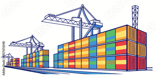 A colorful illustration of shipping containers and cranes Vector