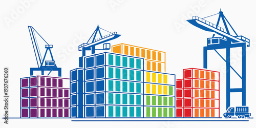 A colorful illustration of a shipping port with cranes and containers Vector