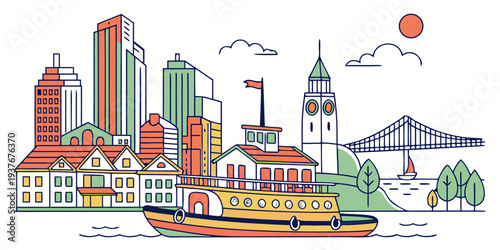A colorful illustration of a city skyline with a ferry Vector