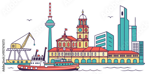 A colorful illustration of a city skyline with a boat Vector