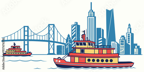 A red and yellow ferry boat in front of a city skyline Vector