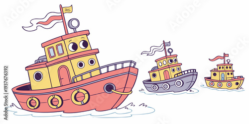 A red tug boat with two smaller boats in the background Vector
