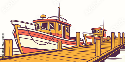 A red and white boat sitting on a dock Vector