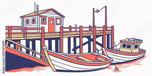 Boats are moored at a pier with a building Vector