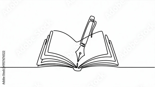Open book with fountain pen on top symbolizing writing creativity and knowledge
