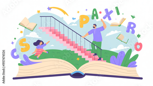Man and girl climbing colorful stairs from open book on green hill with letters and books flying around in sky with clouds