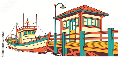 A small fishing boat next to a pier house Vector