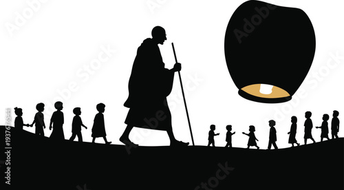 Teacher guiding children walking toward glowing lantern silhouette vector illustration, concept of guidance, inspiration, education and leadership for young generation