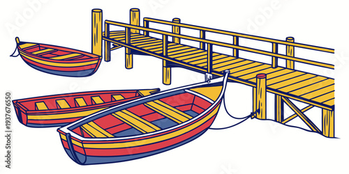 Boats are moored at a small dock Vector