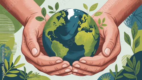 Hands cradling a globe with lush green leaves symbolizing environmental care and protection