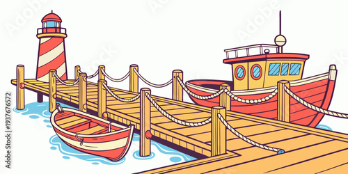 A red boat is docked at a wooden pier next to a lighthouse Vector