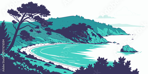 A scenic landscape with a body of water and a tree on the shore Vector