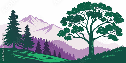 A tree and mountains in the background with a green and purple color scheme Vector