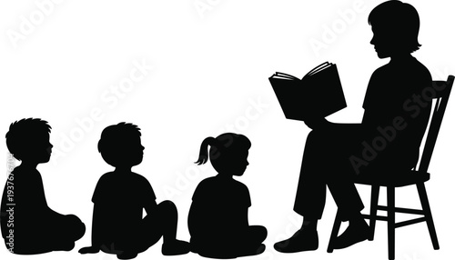 Teacher reading storybook to children silhouette vector illustration, classroom storytelling and early childhood education concept for learning and school activities