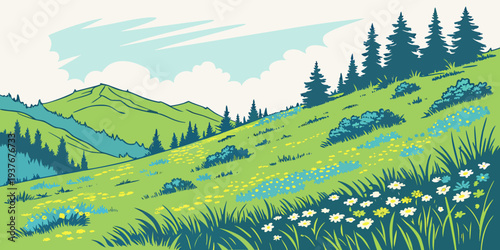 A serene landscape with rolling hills and trees Vector