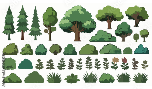 Stylized cartoon vegetation set with trees bushes shrubs and plants vector collection for game design