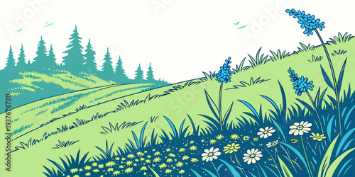 A serene landscape with a green hill and blue wildflowers Vector