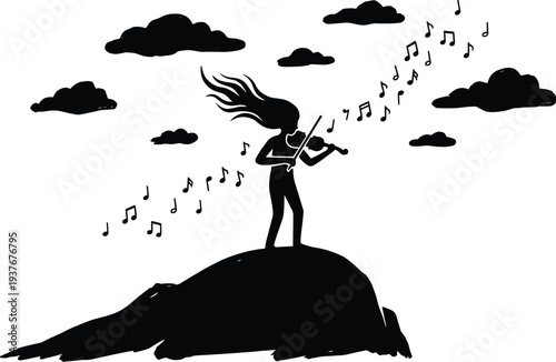 Violin player silhouette standing on hill with flying hair and musical notes, artistic musician performance concept vector illustration isolated on background