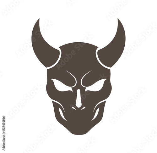 Brown devil face with horns and angry expression on white background
