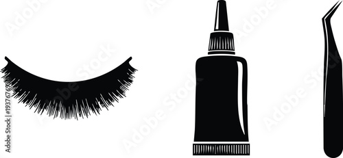 False Eyelash Extension Vector Set - Synthetic Lash Strip, Lash Adhesive Glue, and Precision Tweezer Silhouettes