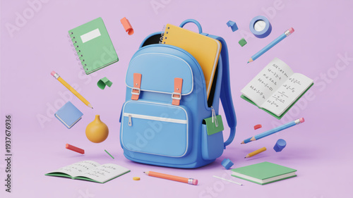 Blue backpack with school supplies floating around on purple background education and learning concept