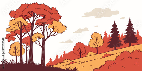 A colorful illustration of trees on a hillside during autumn Vector