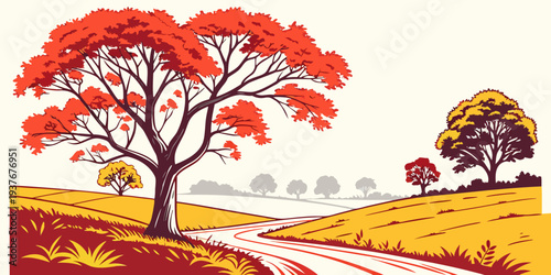 A serene landscape with trees and a dirt road Vector