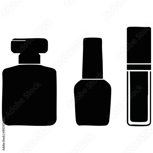 Minimalist Beauty Packaging Vector Set - Square Perfume Bottle, Nail Polish, and Lip Gloss Tube Silhouettes
